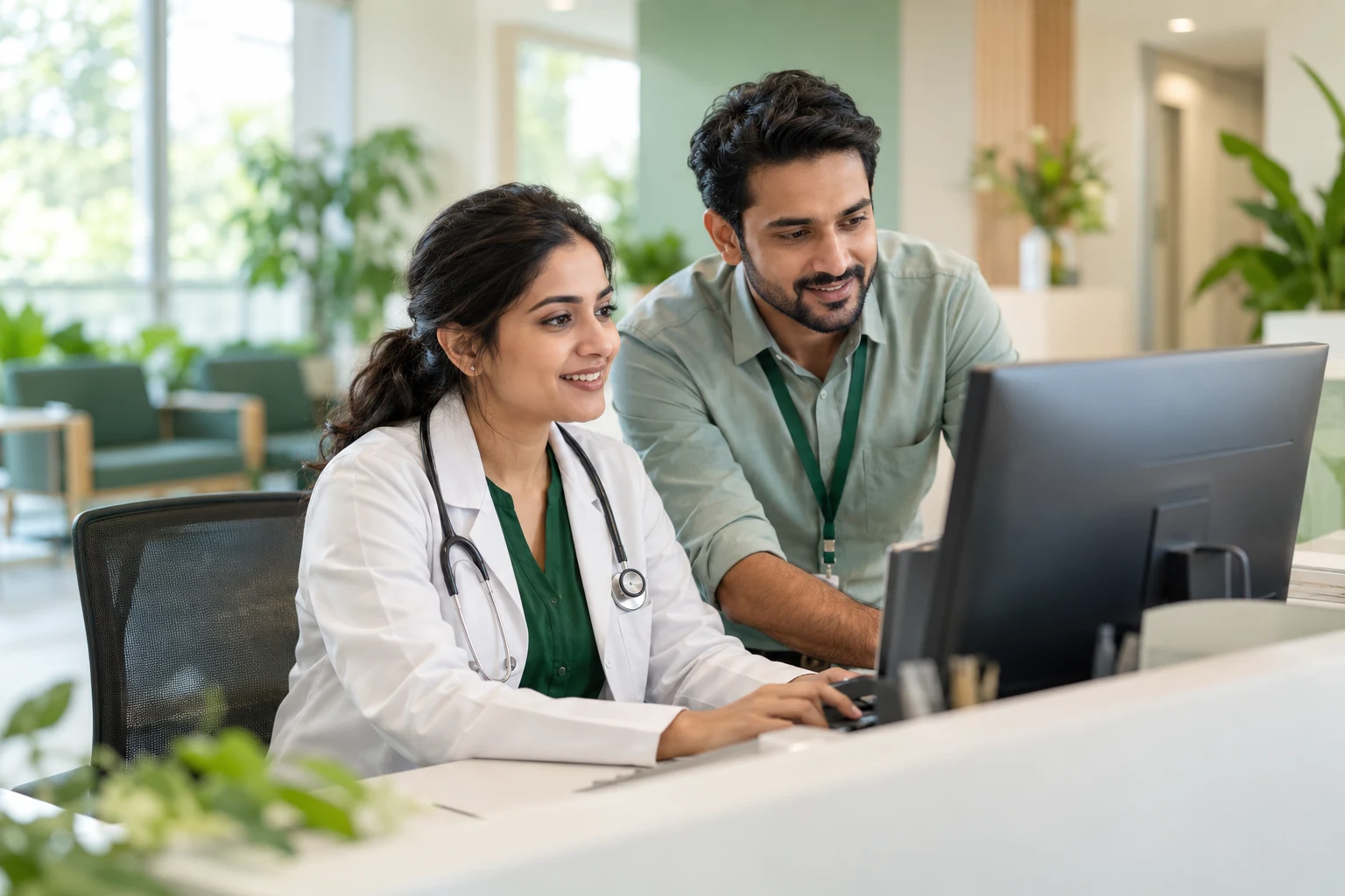 Doctor and clinic coordinator working together in a bright clinic